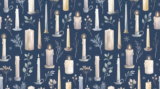 Watercolor glowing christmas candles on dark seamless pattern