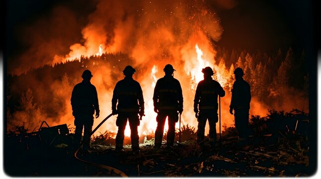 Firefighters silhouetted against glowing forest wildfire at night