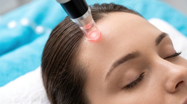 Targeted red light laser therapy for wrinkle reduction on woman forehead