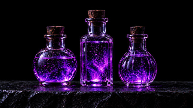 Antique clear glass apothecary vials filled with glowing neon purple liquid