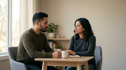 Fototapeta premium A young couple having a serious and deep conversation while sitting at a table in their home.