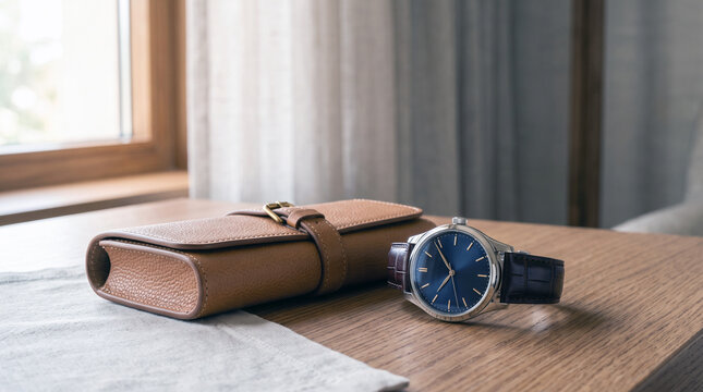 Modern wristwatch placed on a leather case near a window