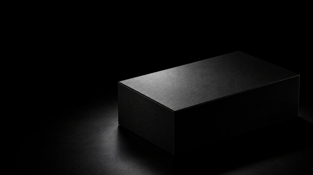 Minimalist matte black rectangular box illuminated by a sharp white spotlight on a black background