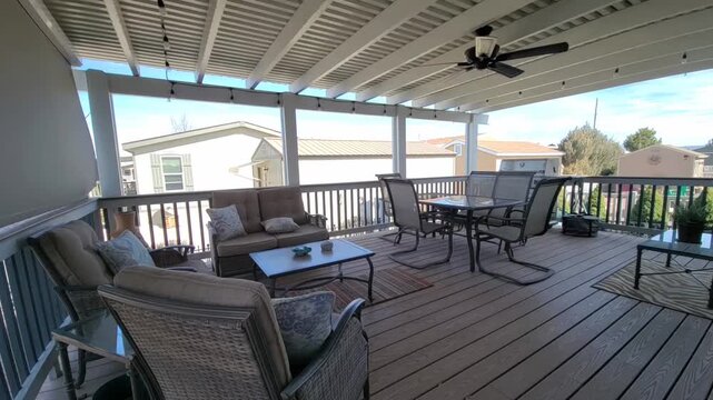 Cozy balcony with wicker seating and glass table