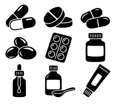Medicine and pills silhouette icon set isolated on white background