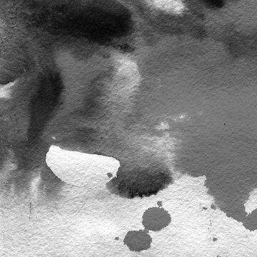 Black and Gray Watercolor Ink Wash Texture on Rough Paper with Abstract Stains