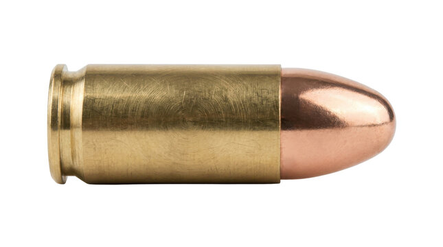 Single metallic brass pistol cartridge isolated white background macro studio photography military weaponry weapon
