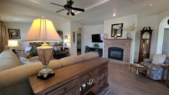 Cozy living room with warm lighting and fireplace