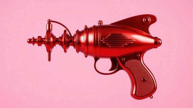 Red vintage ray gun toy isolated on pink background. Retro sci-fi laser pistol with metallic finish looks futuristic. Classic space weapon prop for pop art design gaming concept. Fun plastic toy