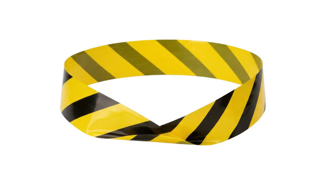 Yellow black caution hazard tape arranged in continuous mobius loop structure isolated against clean white studio background