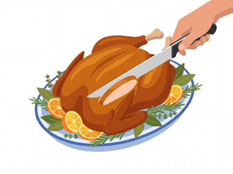 Hand carving a roasted whole turkey on a platter with garnishes