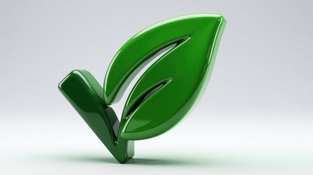 Glossy green leaf checkmark icon on white background. Shiny eco symbol represents organic growth, sustainability, environmental protection. 3d plant mark signifies natural approval, bio products,
