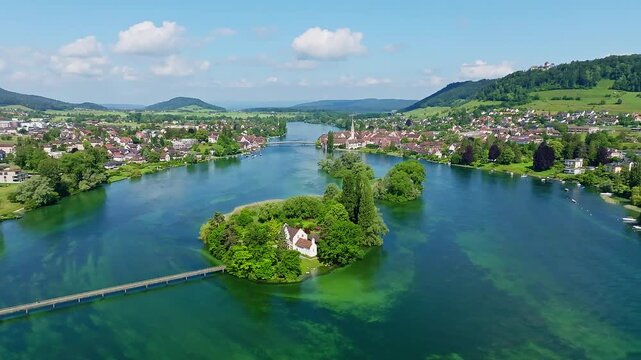 Aerial view of the Werd archipelago in the westernmost part of Lake Constance, Lake Rhine, between Eschenz and Stein am Rhein, Canton Thurgau, Switzerland