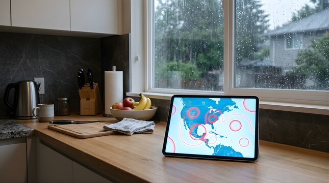 Modern tablet computer displaying world map on wooden kitchen counter during rain