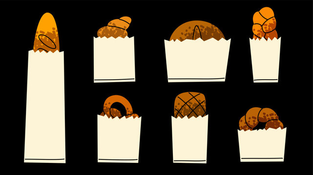 Vector illustration set of fresh assorted breads in white paper bags on dark background. for cafe menu, bakery branding, food delivery poster, and banner.