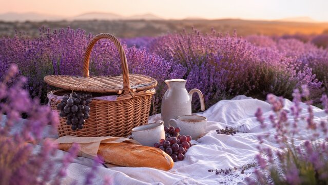 Sunset picnic in a blooming lavender field with a wicker basket, baguette, grapes and ceramic pitcher arranged on a white blanket
