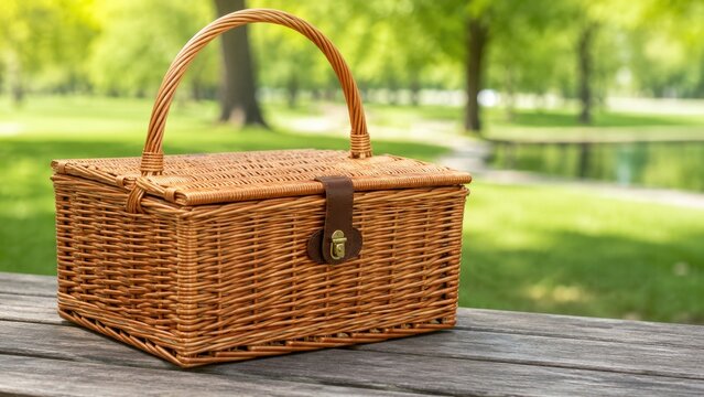 Wicker picnic basket with leather strap and brass clasp on a wooden table in a sunlit park by a pond