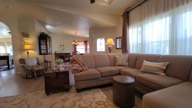 Cozy beige living room with large sectional sofa