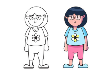 Fototapeta premium Cute girl with glasses in flower shirt vector illustration set in line art and color for kids character