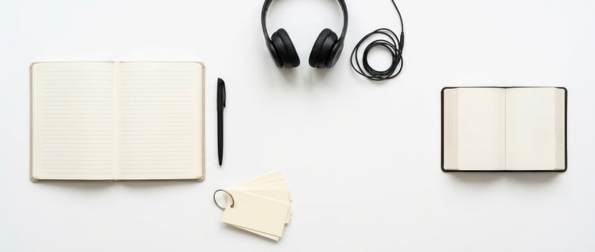 Flat lay of open notebooks pen flashcards and headphones on a white background top view