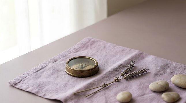 Vintage brass compass resting on soft pink fabric with dried lavender sprigs and smooth stones