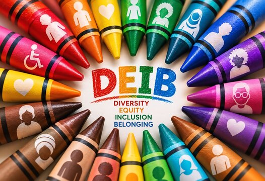 Diversity equity inclusion belonging represented by colorful crayons with icons corporate culture workplace diversity