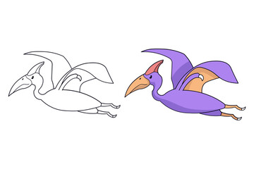 Cute pterodactyl flying dinosaur vector illustration set in line art and purple color for kids coloring © Crazy Monday Studio