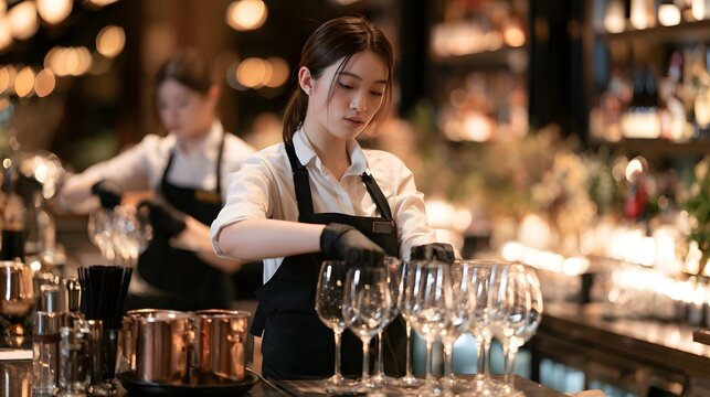 Female bartender wearing gloves cleaning and polishing wine glasses at a bar counter with bar tender service industry cocktail bar hospitality industry restaurant business bartender cleaning