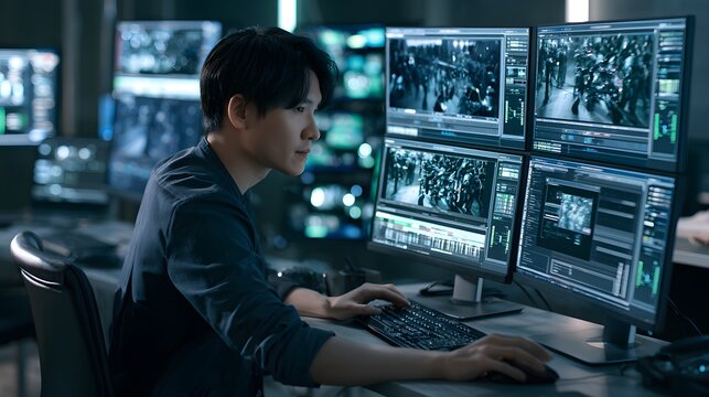 Technical operator monitoring digital cctv feeds in a surveillance security office with control room security system security monitor security camera security operations video feed security guar