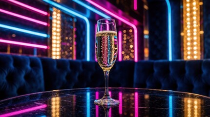 Obraz premium Sparkling champagne flute sits on dark table in nightclub. Neon lights in pink, blue glow, reflecting on surface. Plush seating forms background, suggesting luxurious, vibrant atmosphere for