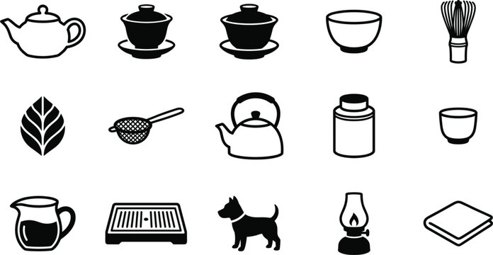 Traditional tea ceremony ceremony icons set featuring teapot matcha whisk gaiwan cup and leaf vector graphic design