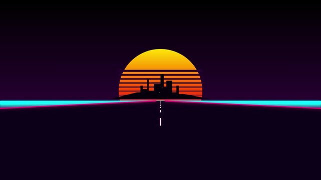 Retro synthwave animation driving toward city and sunset