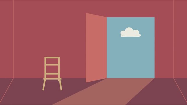 Pi&egrave;ce rouge surr&eacute;aliste avec chaise en bois et porte ouverte sur des nuages