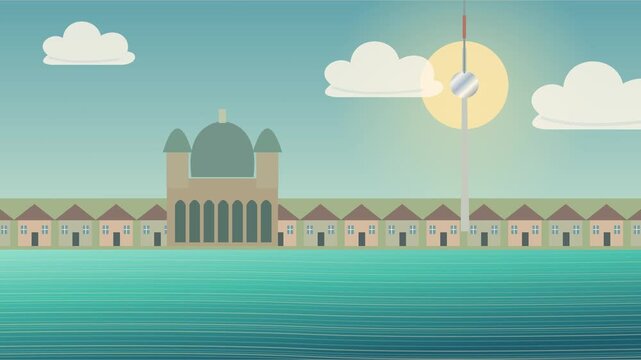 Paysage urbain inspir&eacute; de Berlin avec tour de t&eacute;l&eacute;vision, cath&eacute;drale et rivi&egrave;re