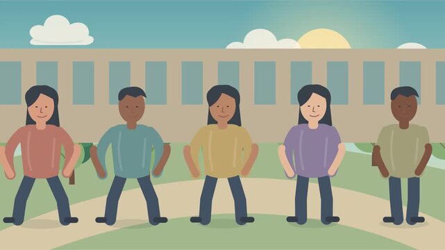 Groupe d&rsquo;adolescents marchant ensemble devant une &eacute;cole