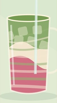 Latte glac&eacute; fraise matcha avec couches color&eacute;es se m&eacute;langeant lentement