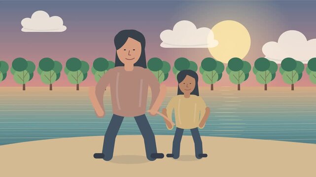 M&egrave;re et fille au bord d&rsquo;un lac calme au coucher du soleil