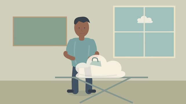 Homme surr&eacute;aliste repassant un nuage blanc sur une planche &agrave; repasser