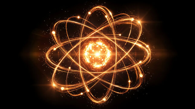 Glowing atom model with orbiting electrons