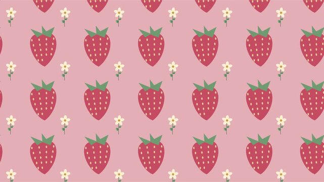 Fraises et petites fleurs d&eacute;filant sur un motif anim&eacute; rose