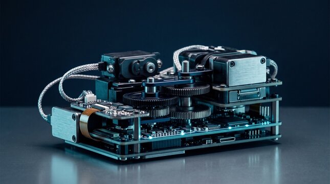 Detailed view of internal robotics assembly featuring precision machined gears, electronic circuit boards with microchips, servo motors, and cabling on a dark studio background.