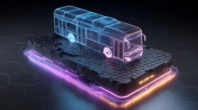 Futuristic Electric Bus Wireframe on Black Hexagonal Metamaterial Substrate with Purple and Orange Neon Circuit Base for Mobility Inverter