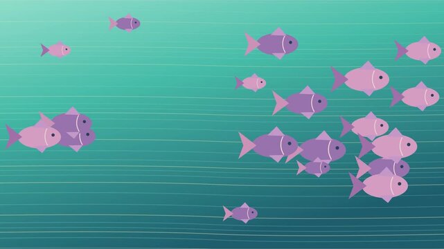 Poissons roses et violets nageant dans des vagues oc&eacute;aniques illustr&eacute;es