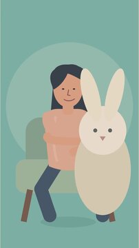 Femme en v&ecirc;tements p&ecirc;che c&acirc;linant un lapin en peluche g&eacute;ant