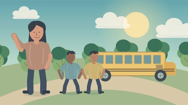 M&egrave;re saluant ses enfants montant dans un bus scolaire jaune