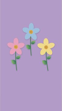 Trois fleurs gonflables rose, bleue et jaune sur fond violet