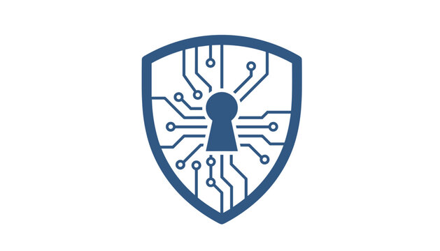 Dark blue cyber security shield icon featuring a central keyhole and electronic circuit board connections artwork.