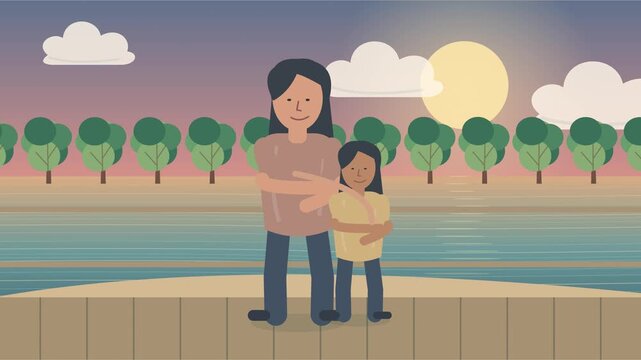 M&egrave;re et fille se prenant dans les bras sur un pont en bois au cr&eacute;puscule