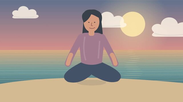 Femme aux cheveux boucl&eacute;s m&eacute;ditant en position du lotus sur une plage