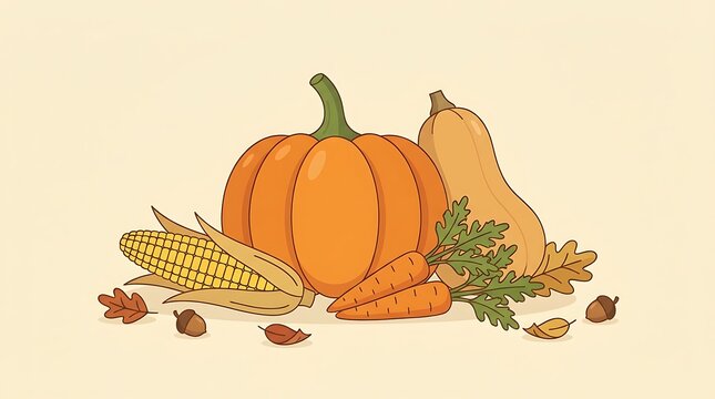 Fresh orange pumpkin with yellow corn and organic carrots arranged for festive autumnal harvest season display